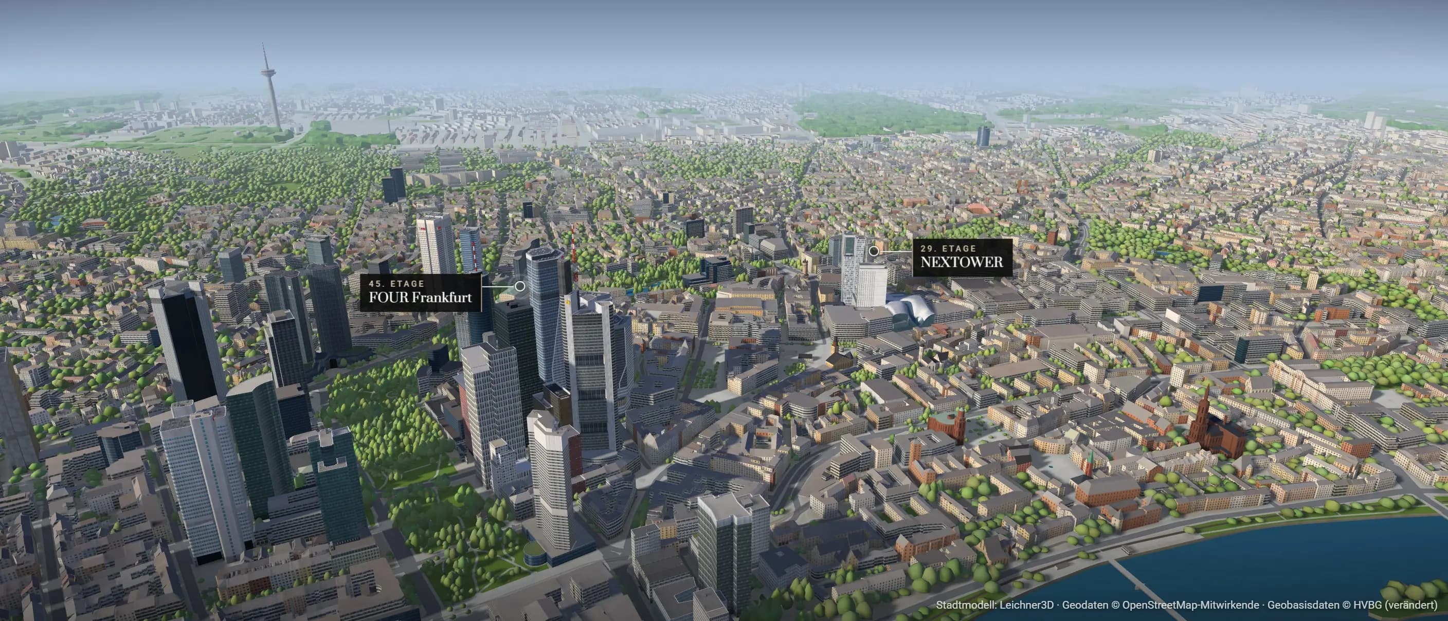 3D-Stadtmodell von Frankfurt mit den Standorten NEXTOWER (29. Etage) und FOUR (45. Etage) des COLLECTION Business Center