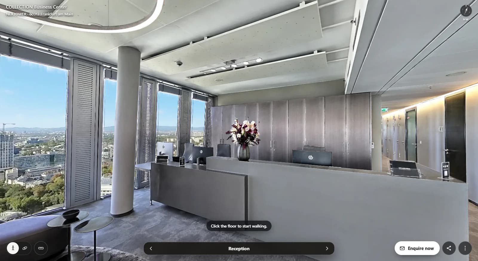 Reception in the finished NEXTOWER tour, with an inquiry button right in the browser